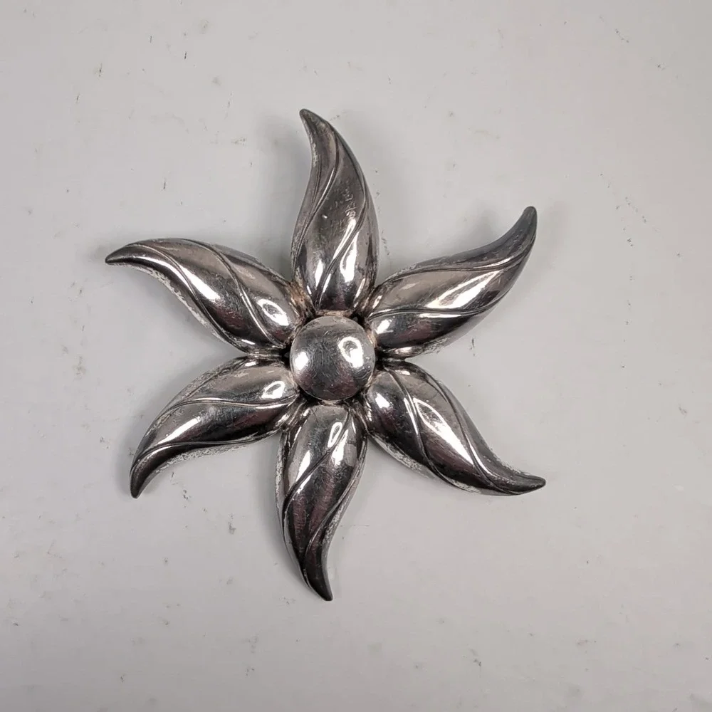 Vintage Mid-Century Heavy Sterling Silver Floral Statement Brooch